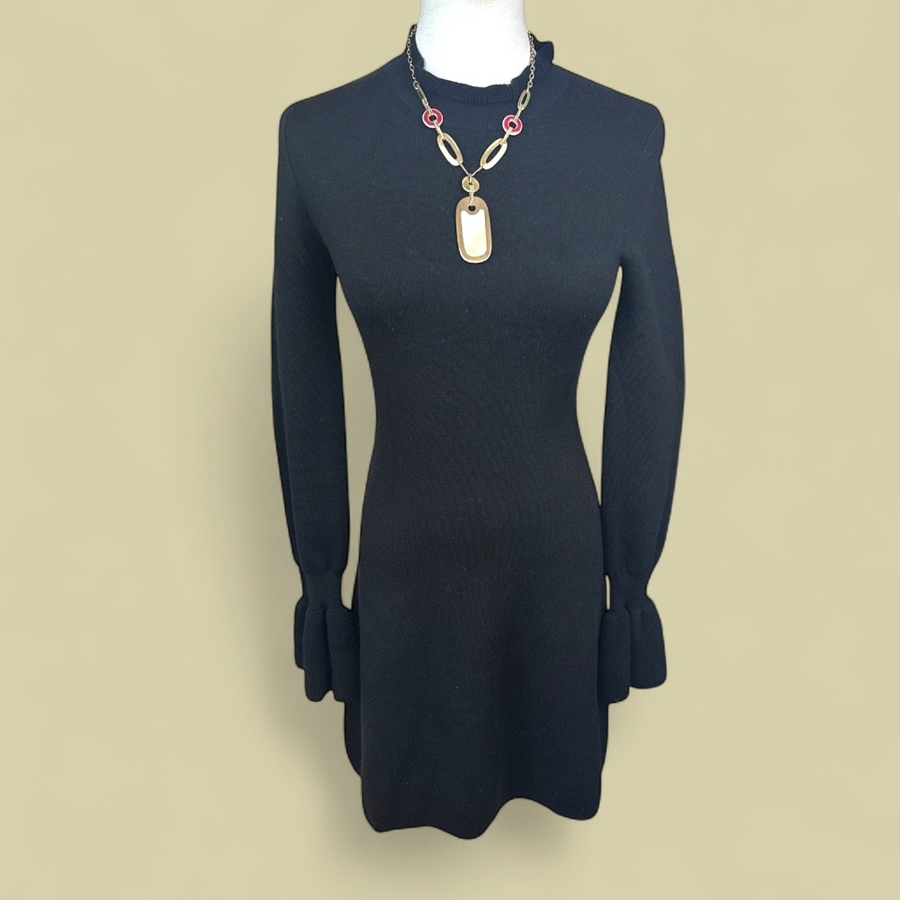 Wilfred SZ 2 Black Knit Dress Mock Neck Long Sleeve Mini Ruffle Cuff Womens‎